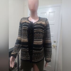 Black and Gold Patterned Women's Cardigan Sweater